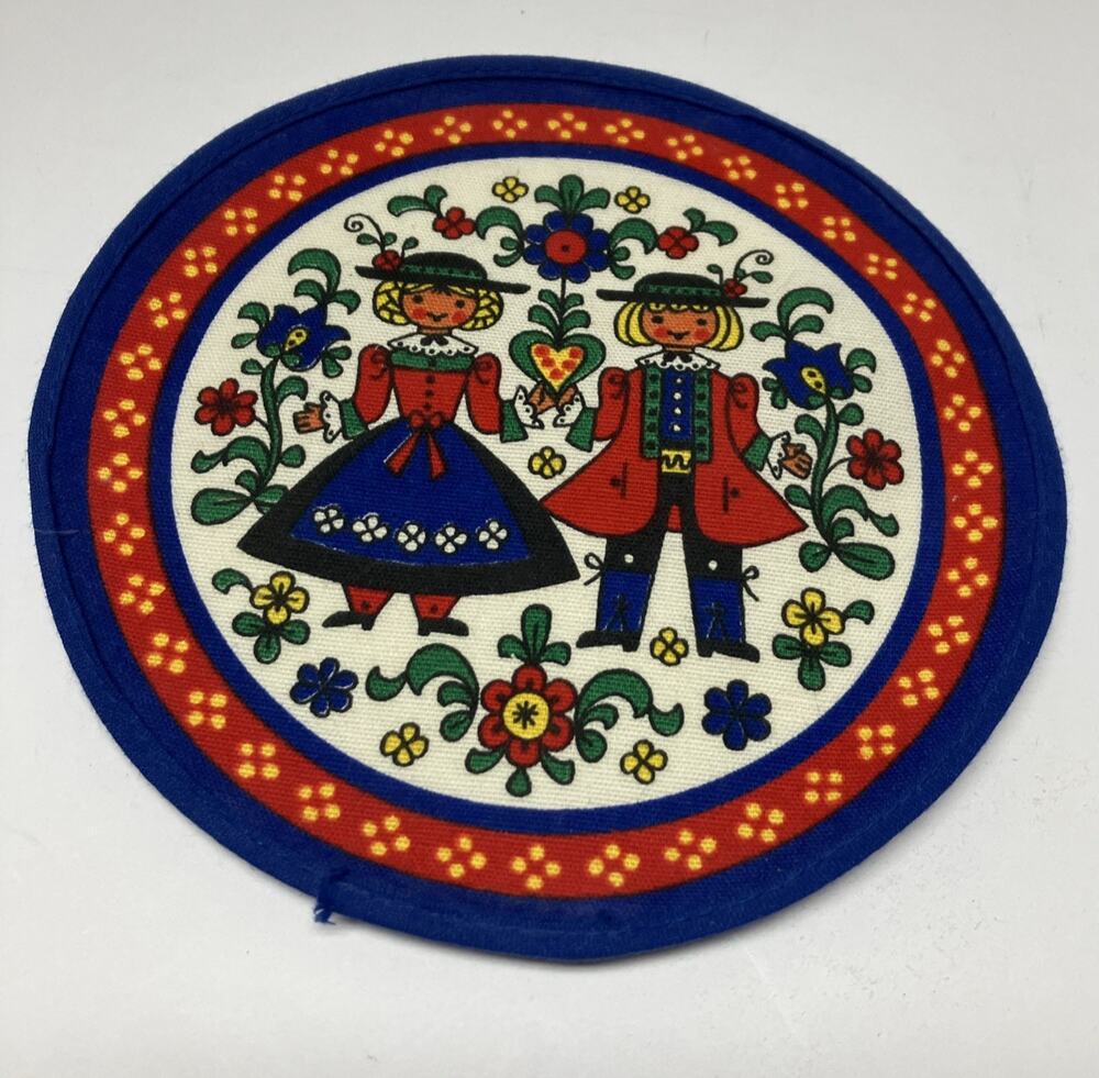 Kolf Austrian Folk Art Fabric Coaster Hot Pad Boy Girl 6.5 inch Vintage